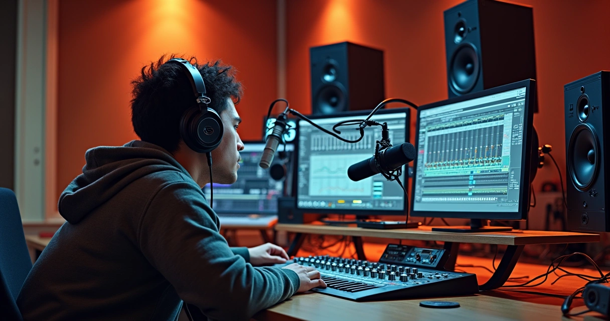 Equipamentos profissionais de áudio alinhados em mesa de estúdio de podcast 