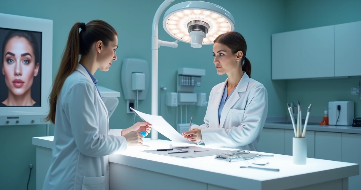 Equipamentos e profissionais em consultório de cirurgia facial 