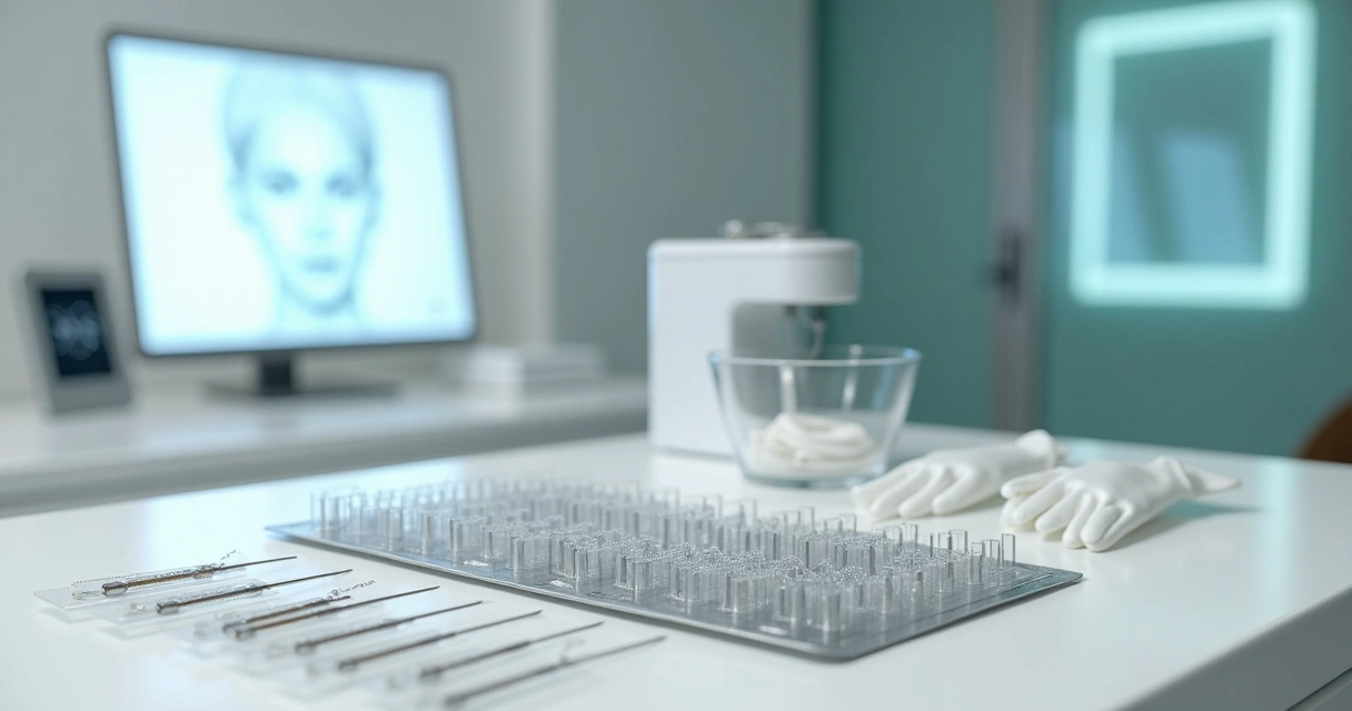 Bancada de clínica com materiais de aplicação de fios de PDO organizados 