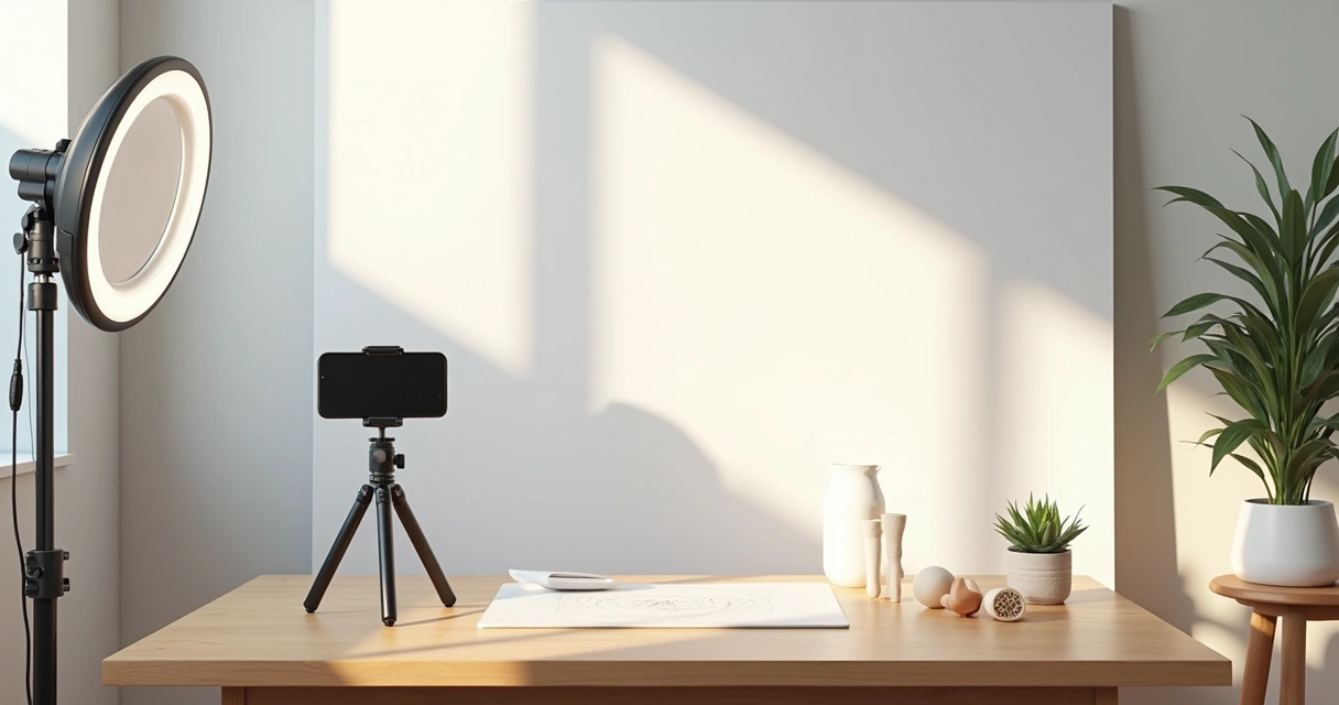 Mesa com equipamentos baratos para fotografia DIY para lojistas, incluindo iluminação portátil, smartphone e fundo branco 