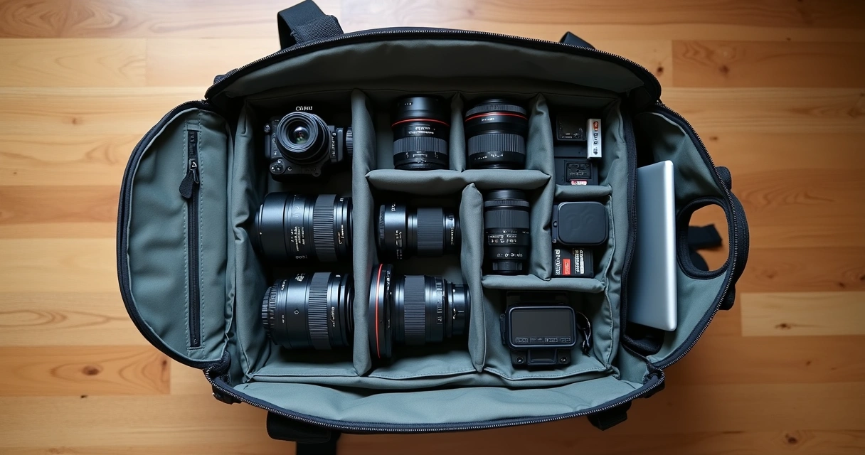 Mochila de fotógrafo aberta com câmeras, lentes e acessórios organizados para viagem longa 