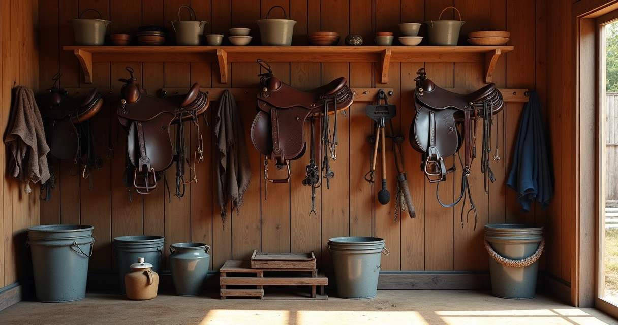 Equipamentos de haras, como selas, rédeas e baldes, organizados em prateleiras e pendurados em paredes de madeira 
