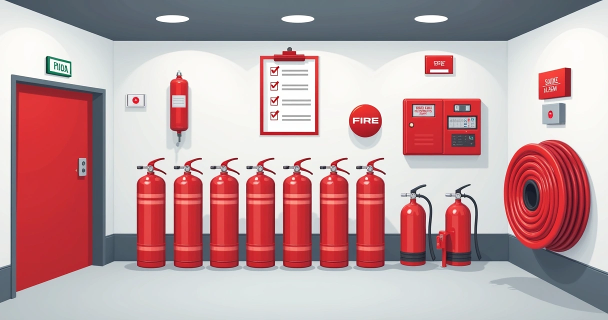 Equipamentos de combate a incêndio organizados em sala técnica 