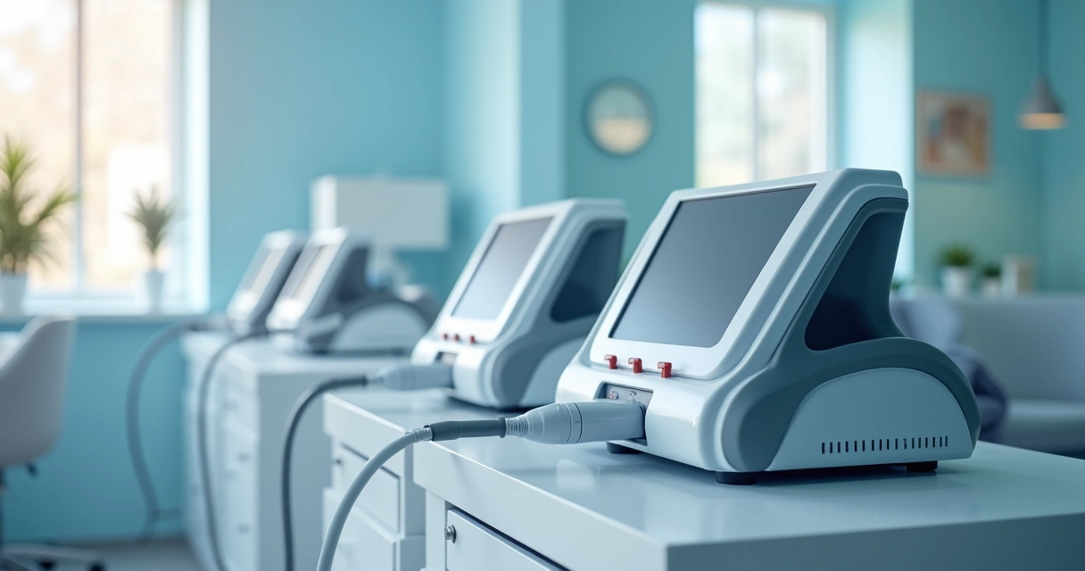 Equipamentos modernos de laserterapia alinhados em clínica ortopédica. 