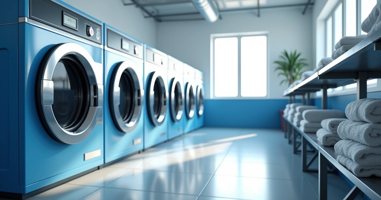 Máquinas de lavar alinhadas em lavanderia profissional