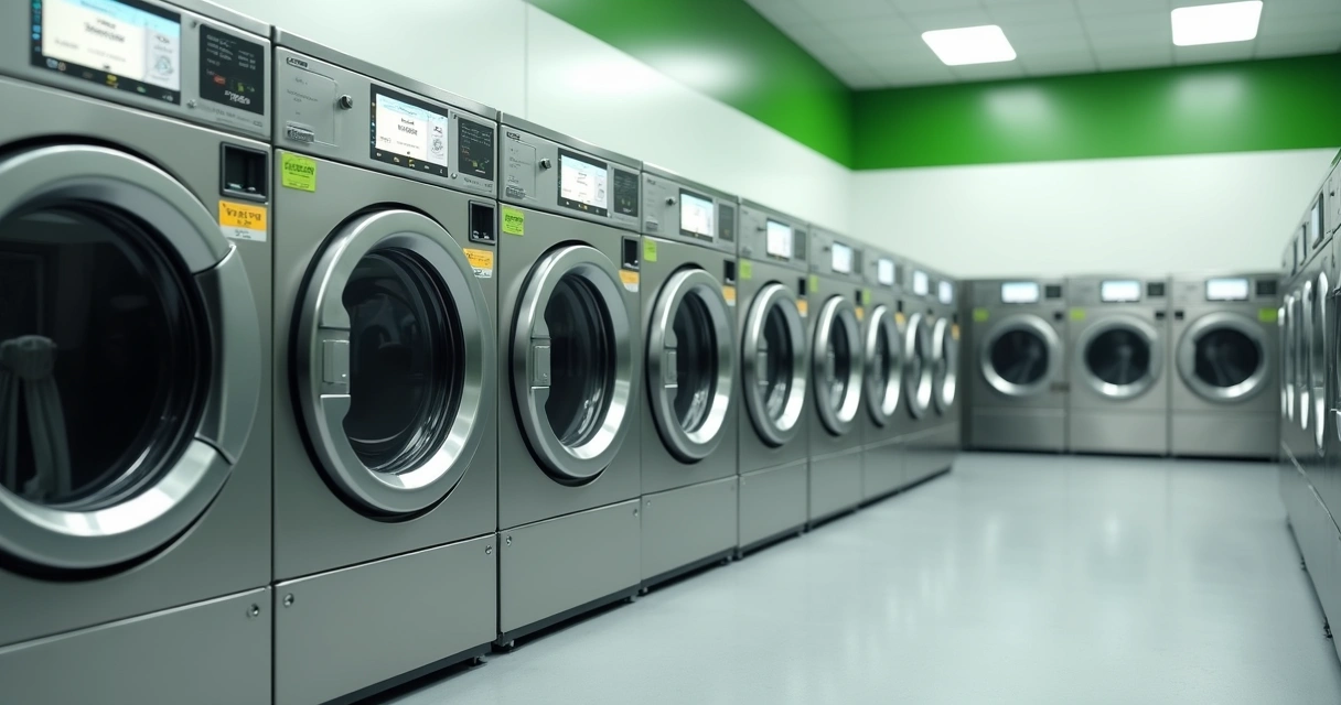 Máquinas de lavar industriais modernas alinhadas 