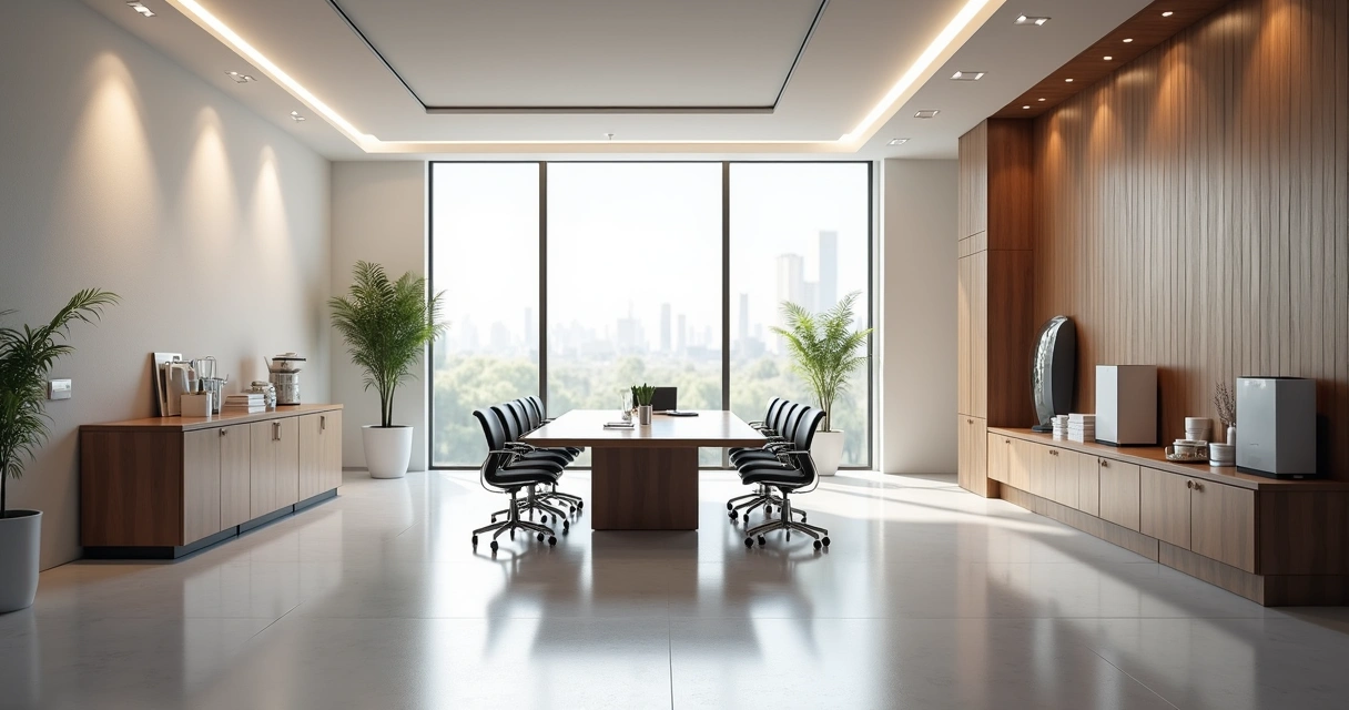 Equipamentos de limpeza alinhados em ambiente corporativo 