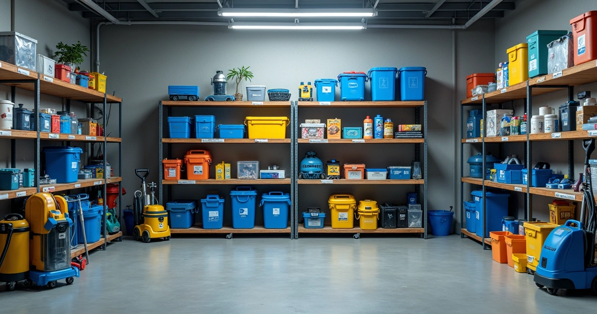 Equipamentos de limpeza profissional organizados em depósito 