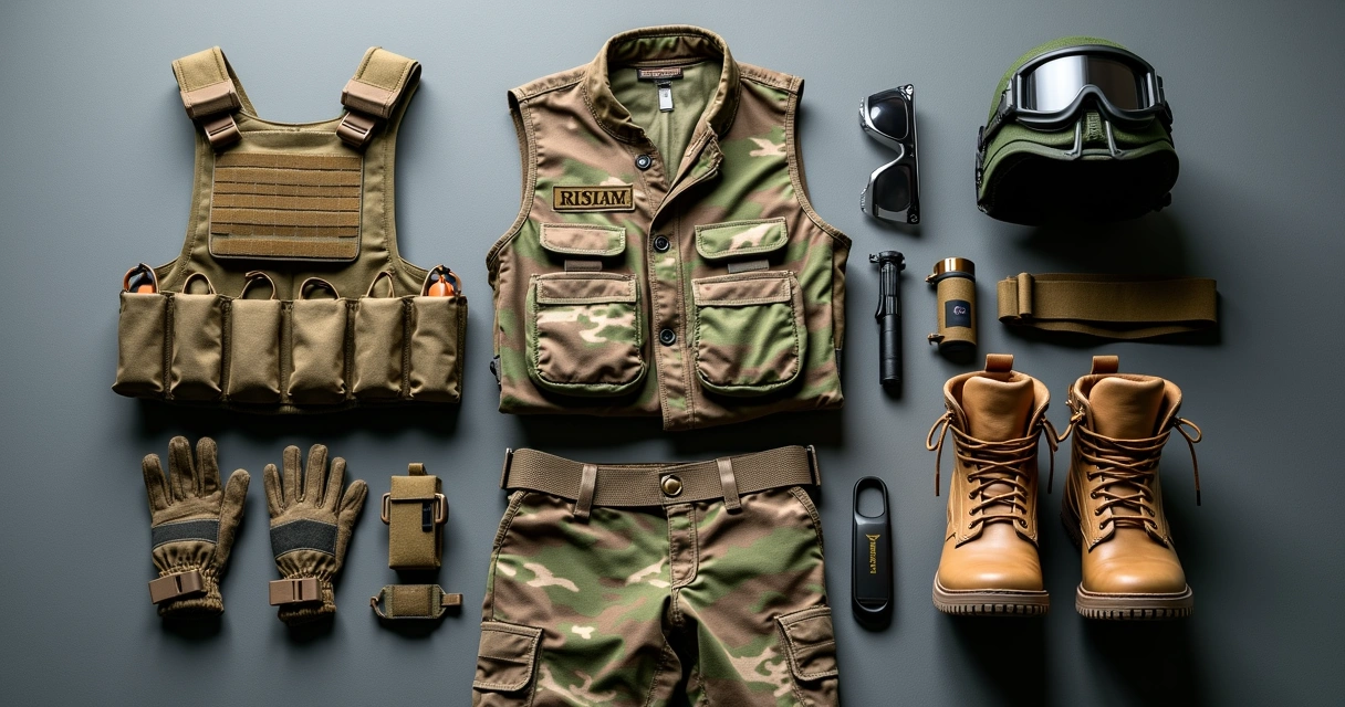 Conjunto de equipamentos militares para airsoft incluindo colete tático, capacete, óculos de proteção, roupas camufladas e botas militares sobre fundo neutro 