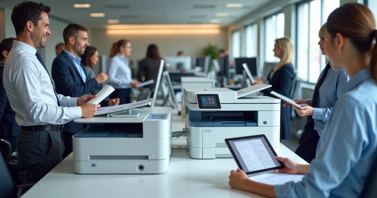 Equipamentos de impressão em uso rotineiro, ambiente corporativo 