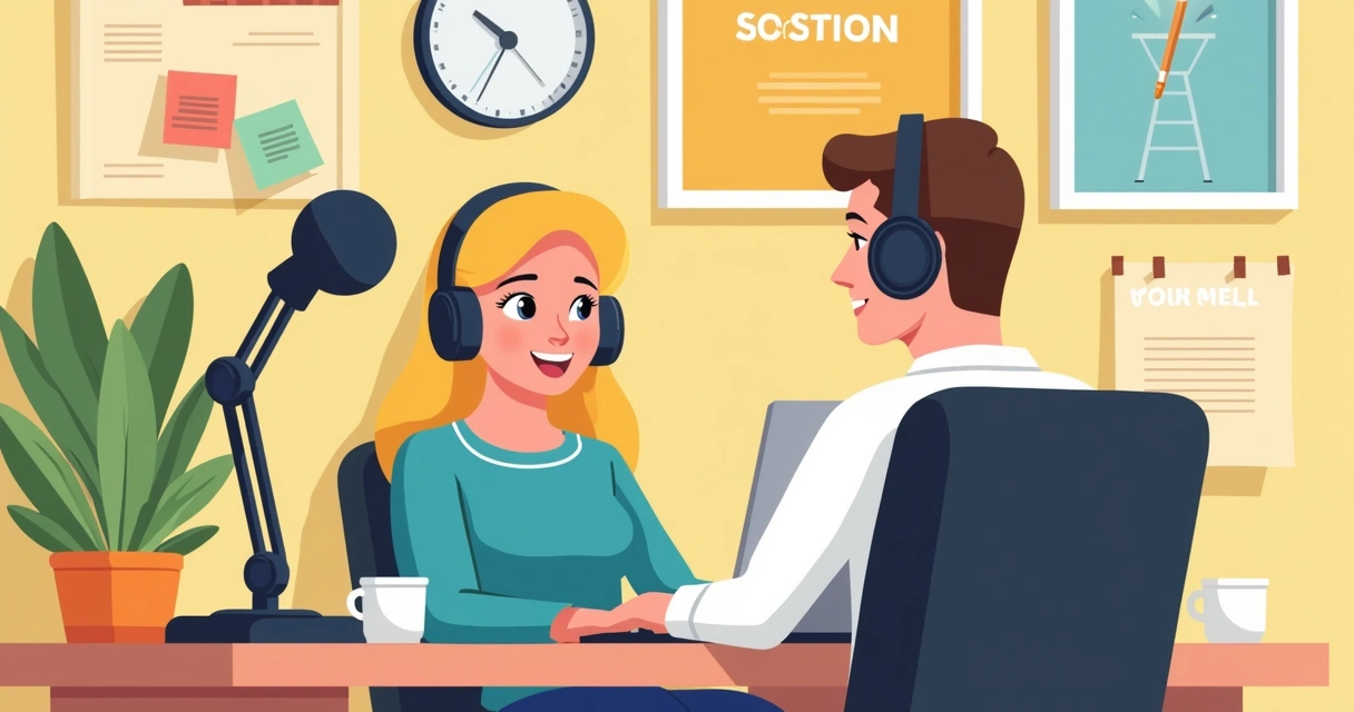 Microfone simples e fones para podcast interno