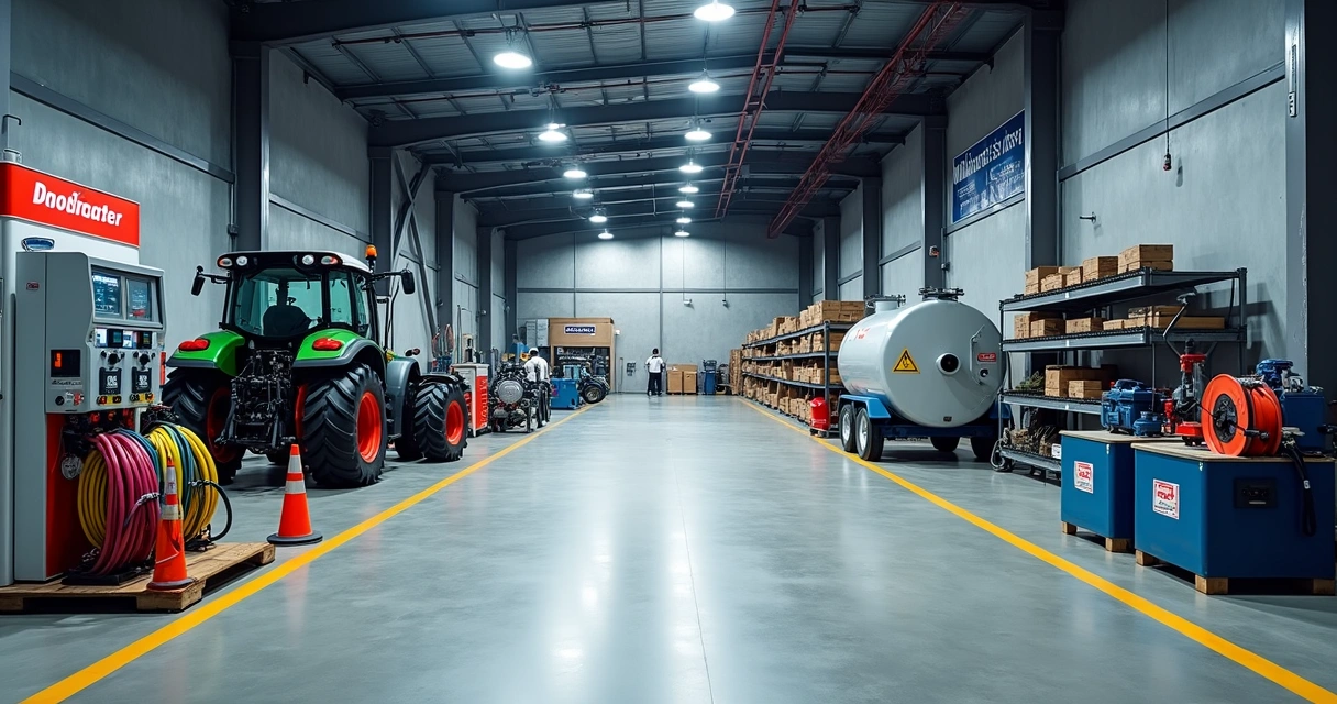 Painel com equipamentos profissionais para posto, agro e indústria em galpão iluminado 