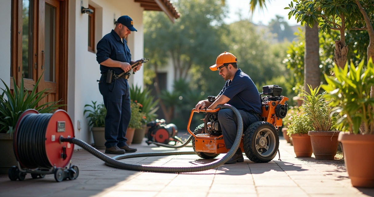 Equipamento profissional para desentupimento de canos num pátio residencial 