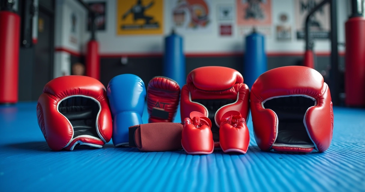 Equipamentos de proteção de artes marciais sobre tatame 