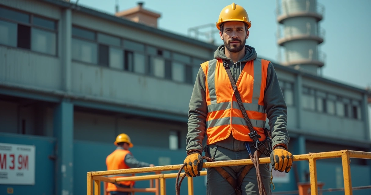 Operador usando EPI completo em plataforma elevatória móvel