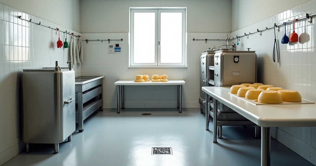 Pequena queijaria artesanal com tanque, prensas e mesas higiênicas alinhados 