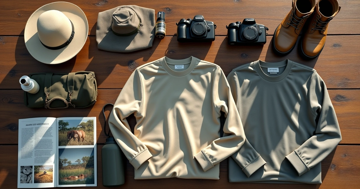 Equipamentos organizados para safari no Pantanal, como roupas leves, chapéu e binóculos 