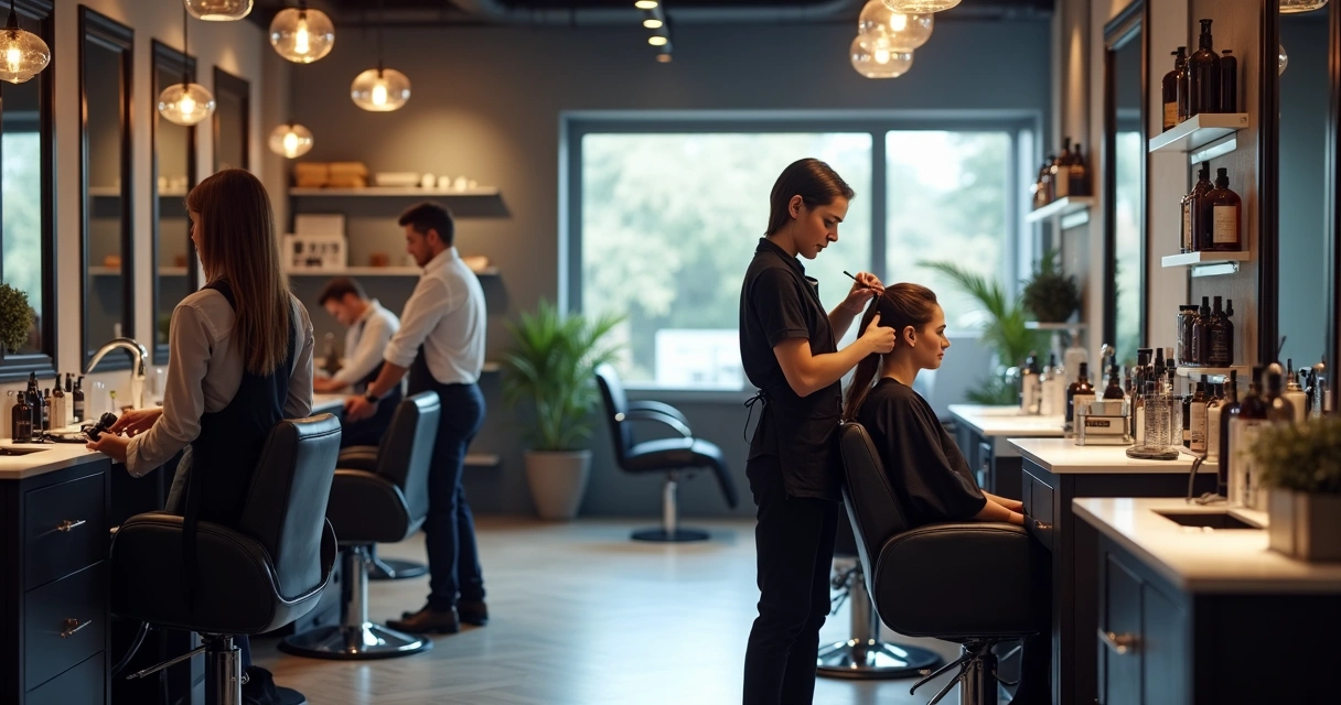 Profissionais do salão usando equipamentos modernos e de alta qualidade em ambiente iluminado 