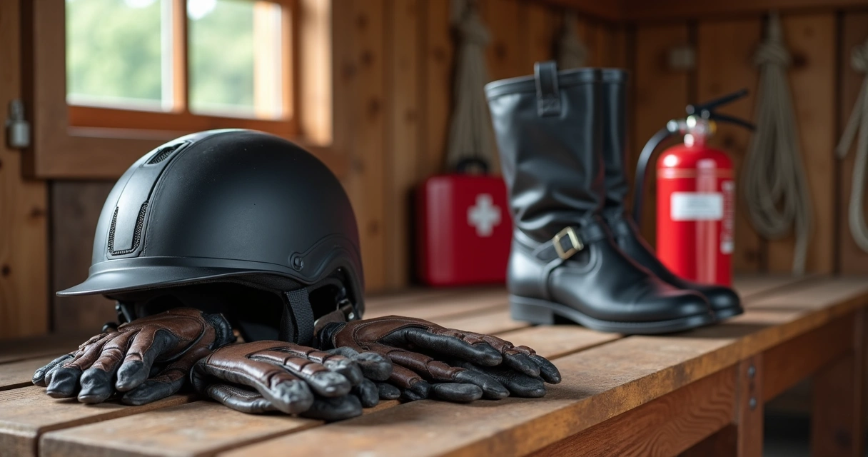Equipamentos de segurança para haras organizados sobre mesa rústica com capacete, luvas, botas, e extintor 