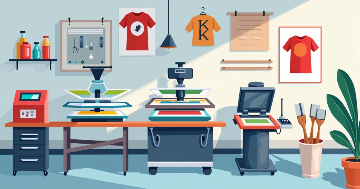 Mesa de serigrafia com equipamentos essenciais organizados em estúdio moderno 