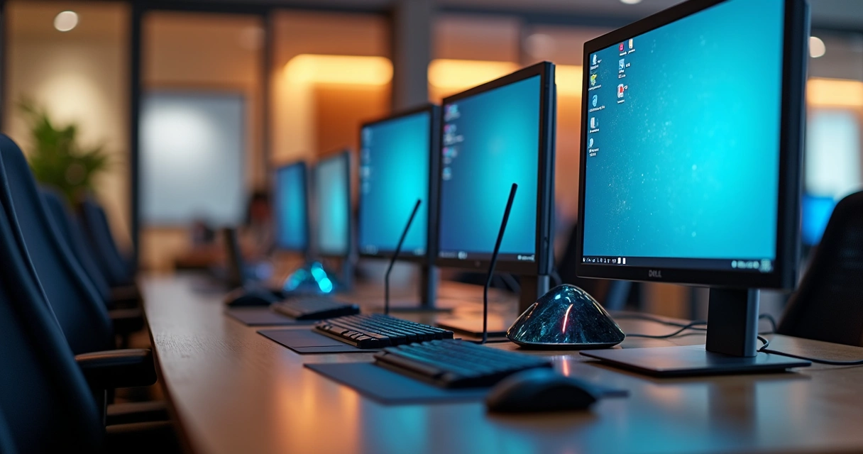 Equipamentos de tecnologia moderna em estação de trabalho compartilhada