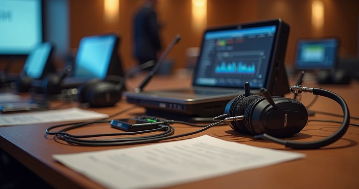 Equipamentos de tradução simultânea dispostos em uma mesa com microfones, fones de ouvido, transmissores e cabine ao fundo 