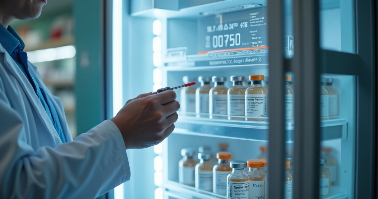 Profissional ajusta sensor de temperatura em geladeira farmacêutica 