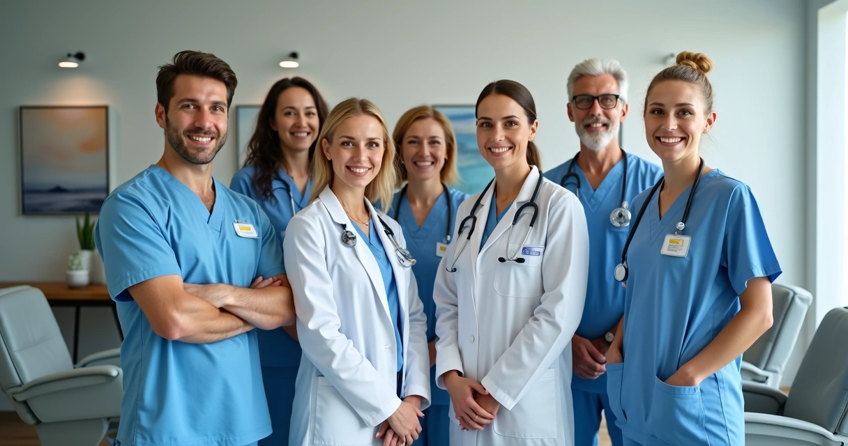 Equipe multidisciplinar sorrindo em clínica de infusão reumatológica 