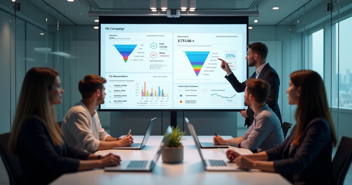 Equipe analisando métricas de campanhas em tela compartilhada