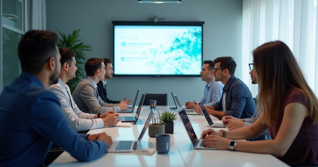 Equipe reunida em sala discutindo mudanças em plataforma digital no escritório 