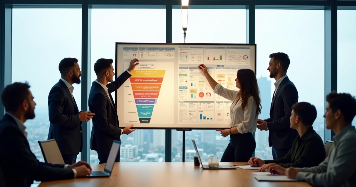 Equipe ajustando quadro de etapas do funil para diferentes clientes