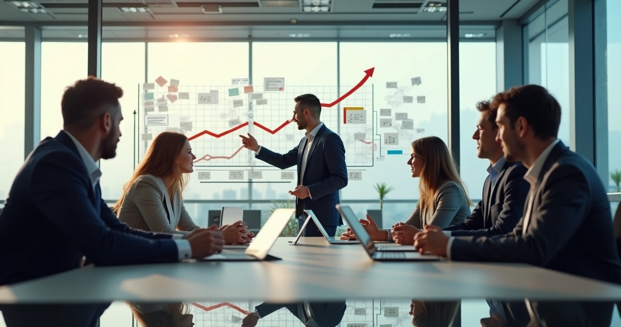 Equipe reunida planejando novas estratégias diante de gráficos