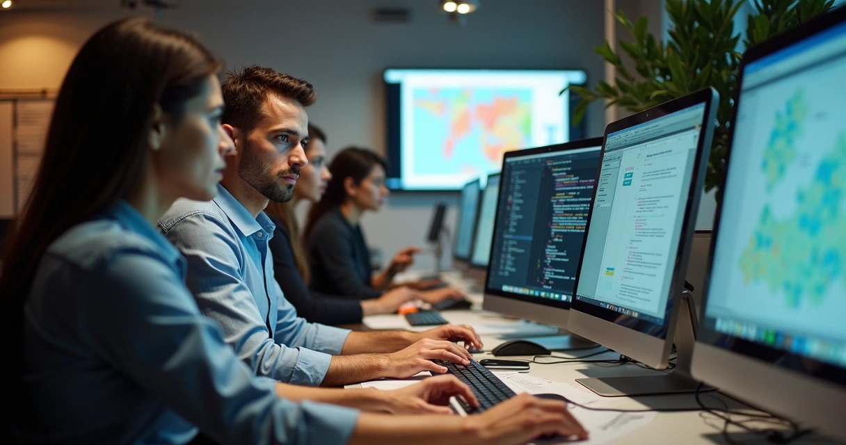 Pessoas ajustando sistema de nota fiscal em computadores 