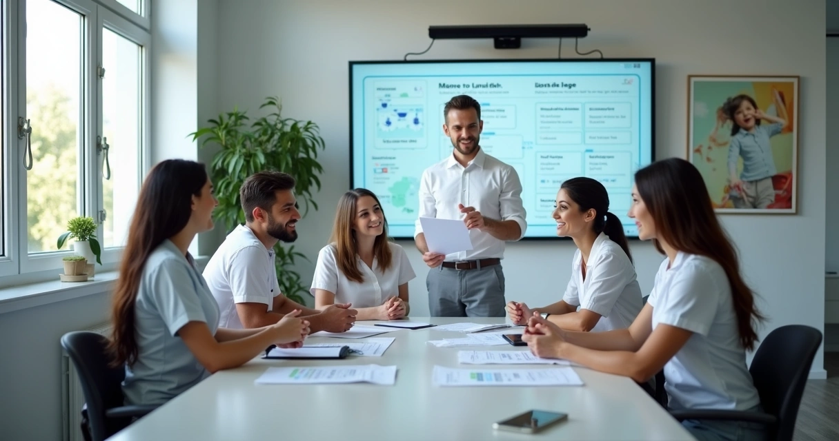 Equipe odontológica reunida em treinamento interativo 