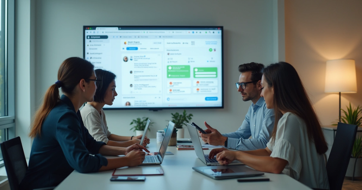 Equipe de administradora condominial reunida usando IA 