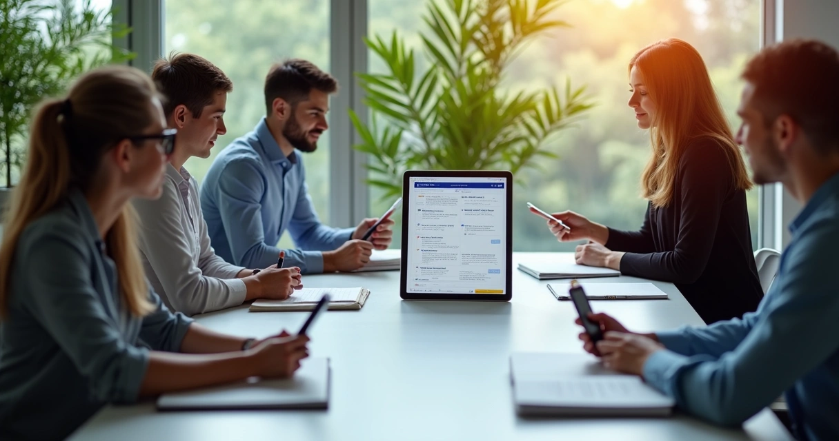 Equipe de escritório em volta de uma mesa conversando sobre agenda digital