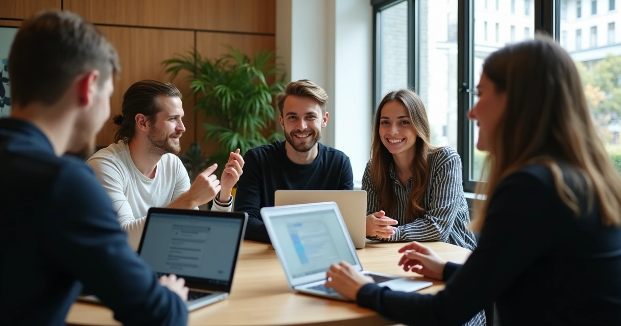 Equipe de advogados iniciantes reunidos usando IA, ambiente colaborativo moderno 