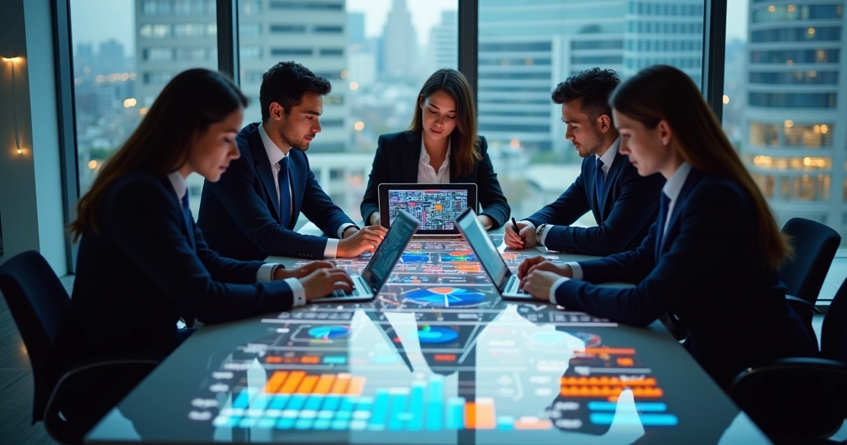 Equipe de advogados reunidos analisando dados de CRM em telas 