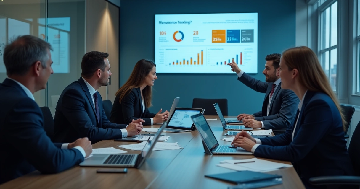 Advogados tributaristas analisando gráficos digitais juntos na mesa de reunião 