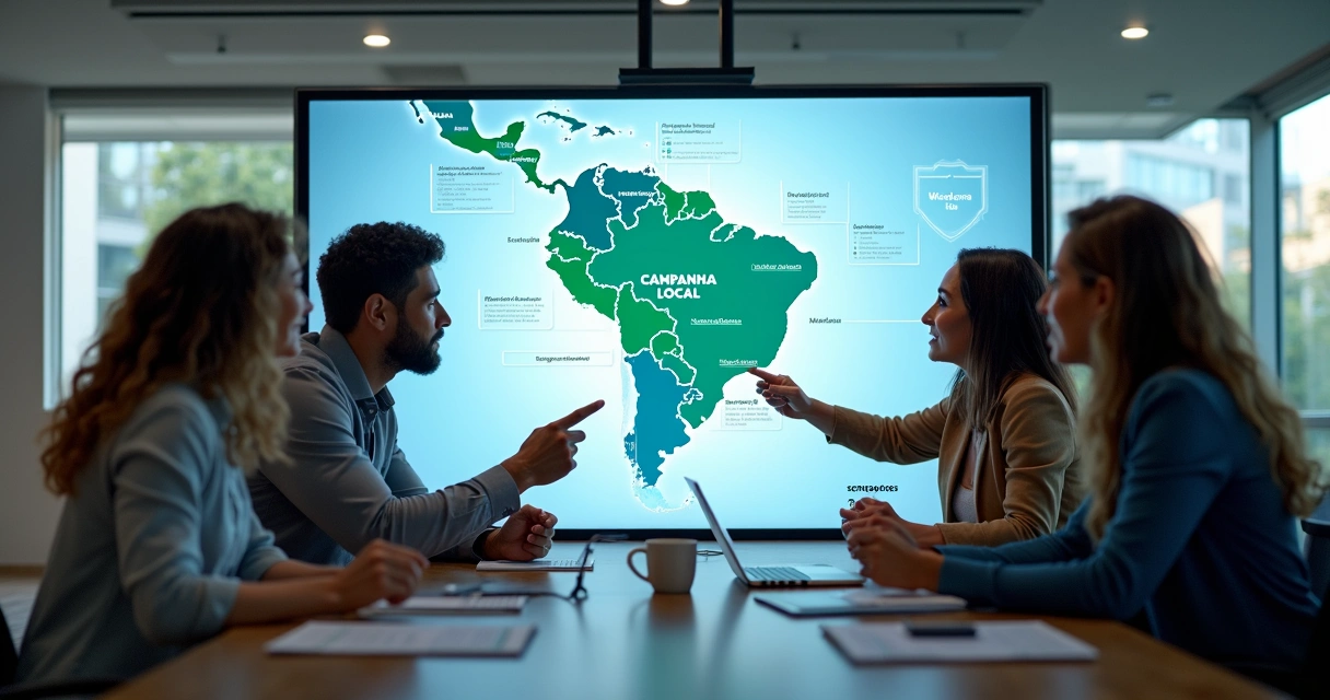 Equipe de marketing reunida planejando anúncio regional no Brasil 