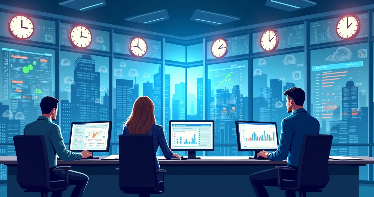 Equipe de agência de comunicação em sala de monitoramento com vários monitores analisando dados