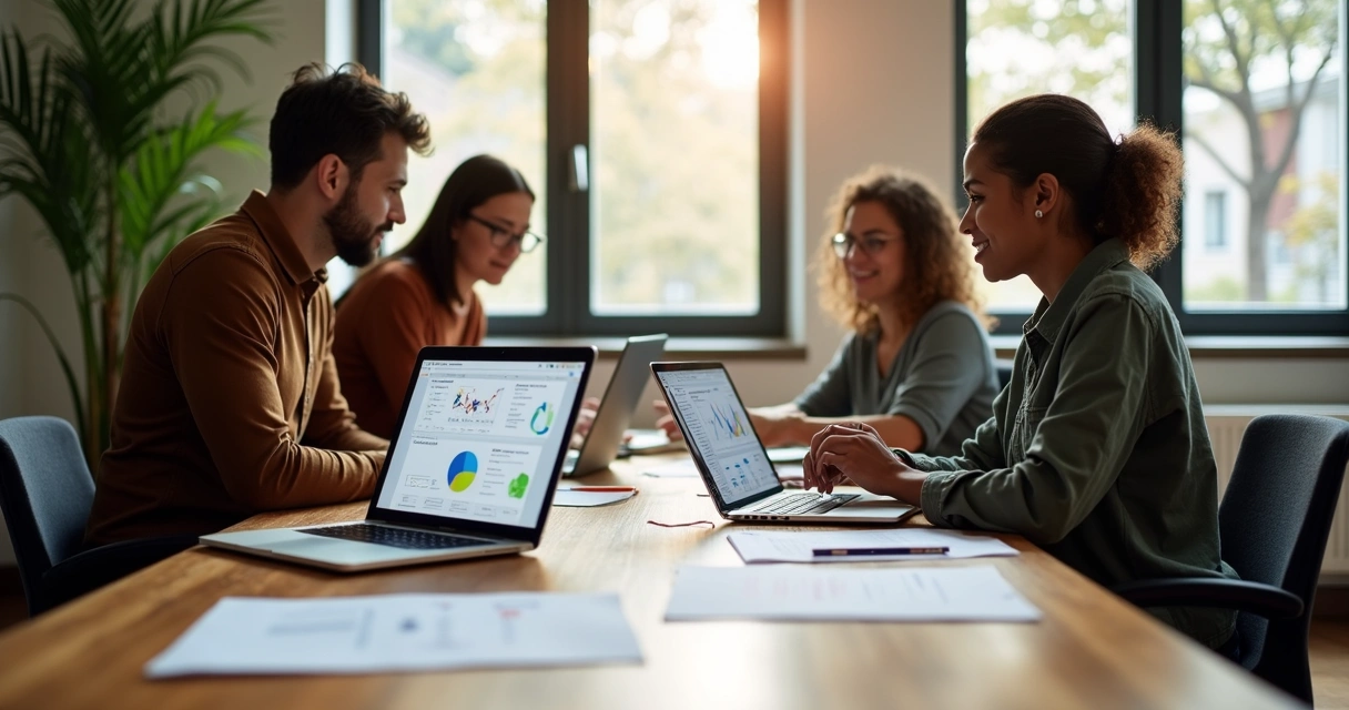 Equipe de agência digital colaborando em mesa com laptops 