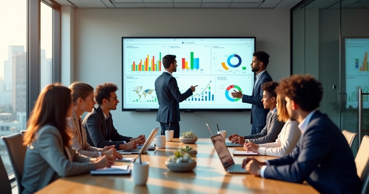 Equipe de agência digital reunida em sala moderna analisando resultados em telão 