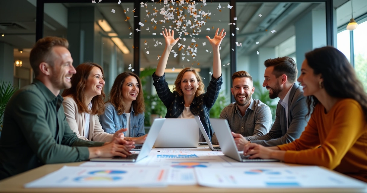 Equipe de agência digital comemorando resultados em ambiente de escritório moderno 