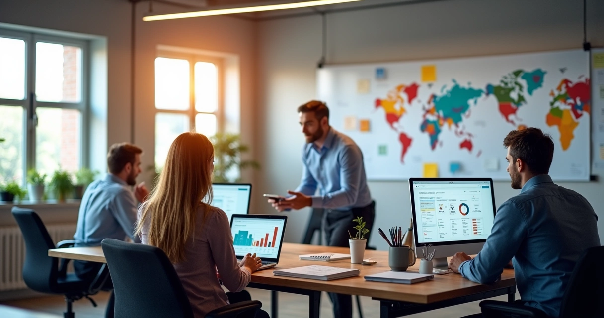 Equipe de agência digital trabalhando juntos em escritório moderno 