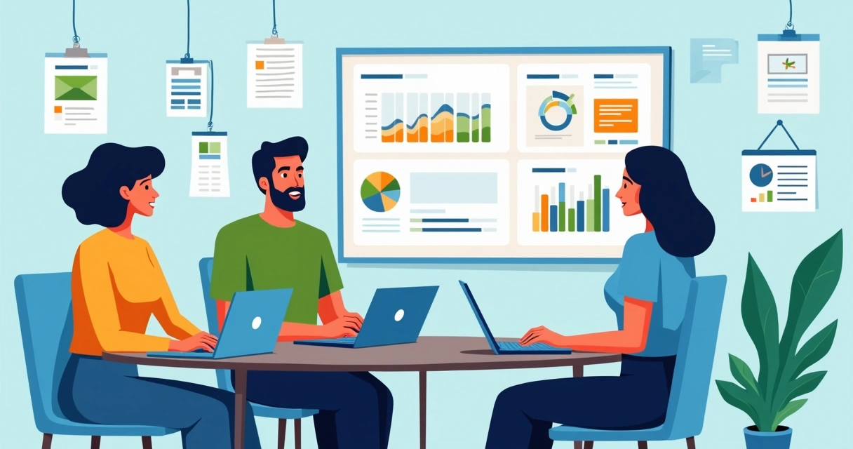 Equipe pequena de agência digital colaborando em um escritório com computadores 