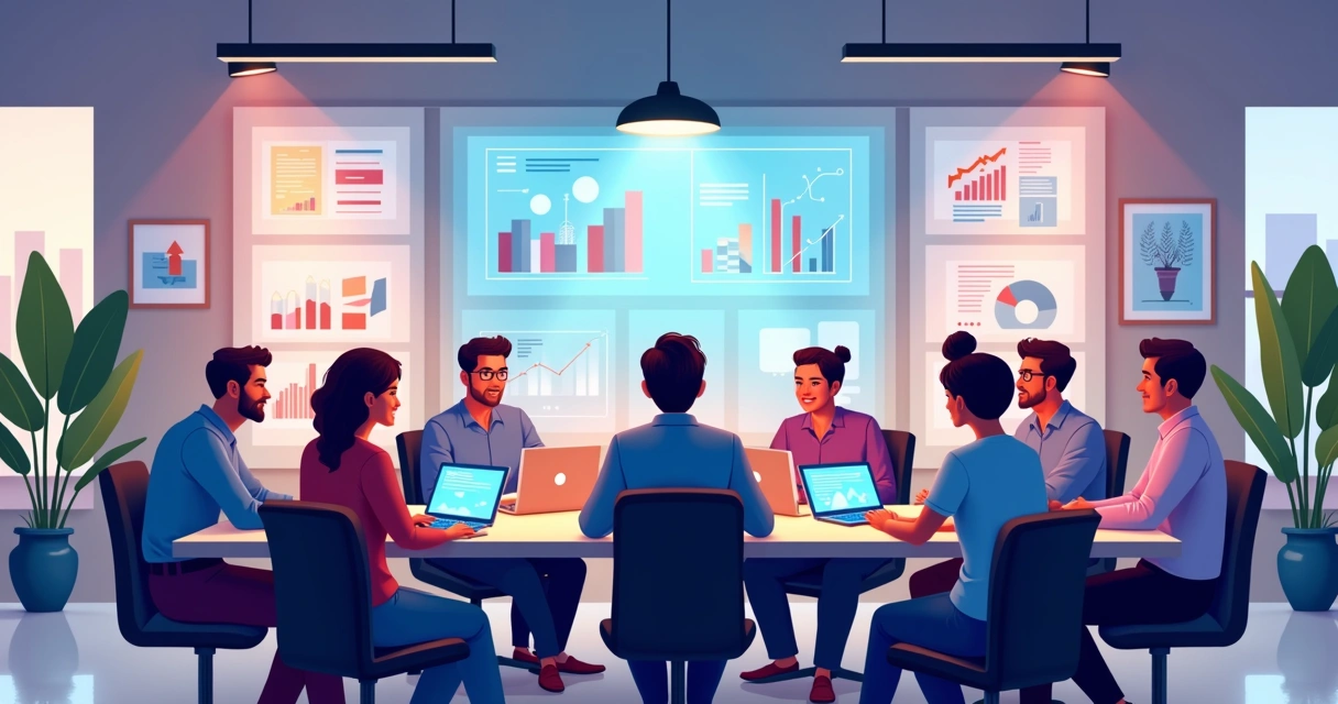 Equipe reunida em mesa de trabalho com notebooks, gráficos e tablets, cenário de escritório moderno