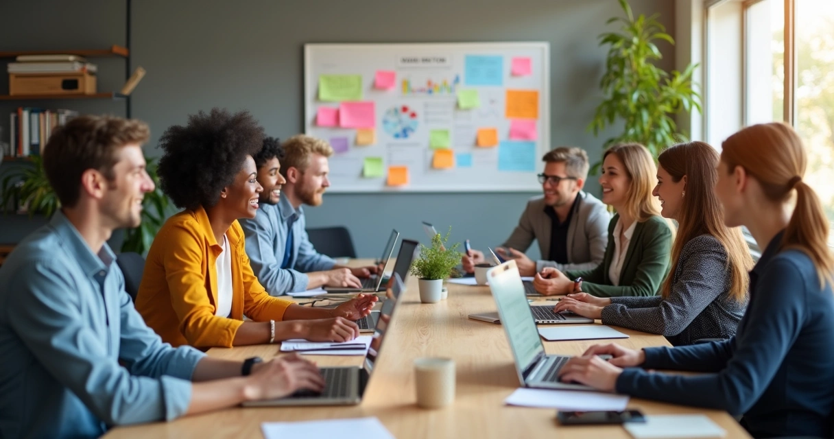 Equipe de marketing digital reunida em sala colorida, discutindo estratégia digital 