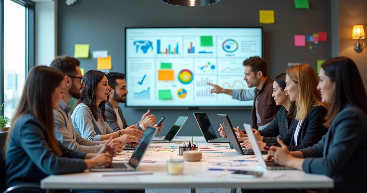 Equipe de marketing reunida em uma sala de reunião moderna 