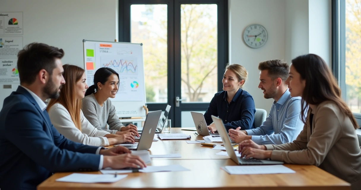 Equipe de agência de marketing em reunião com laptops na mesa 